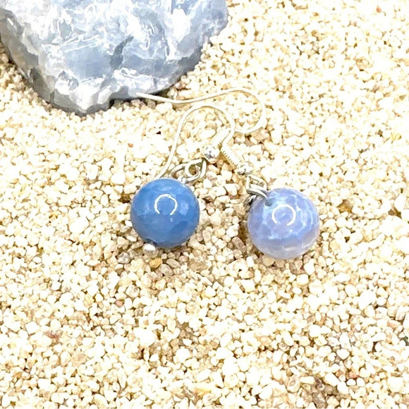 Blue dragon vein agate spheres 925 setting dangle earrings Victorian - Picture 1 of 12